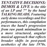 Talking Heads Tentative Decisions: 1974-1976 (LP+SP, RSD 2025)